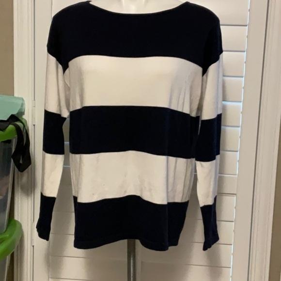 Chaps Navy and White Striped Crew Neck Sweater - Picture 1 of 7